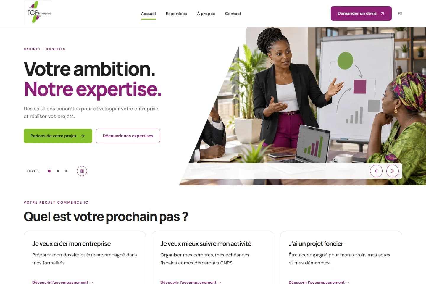 Capture réelle de la page publique de TGF ENTERPRISE