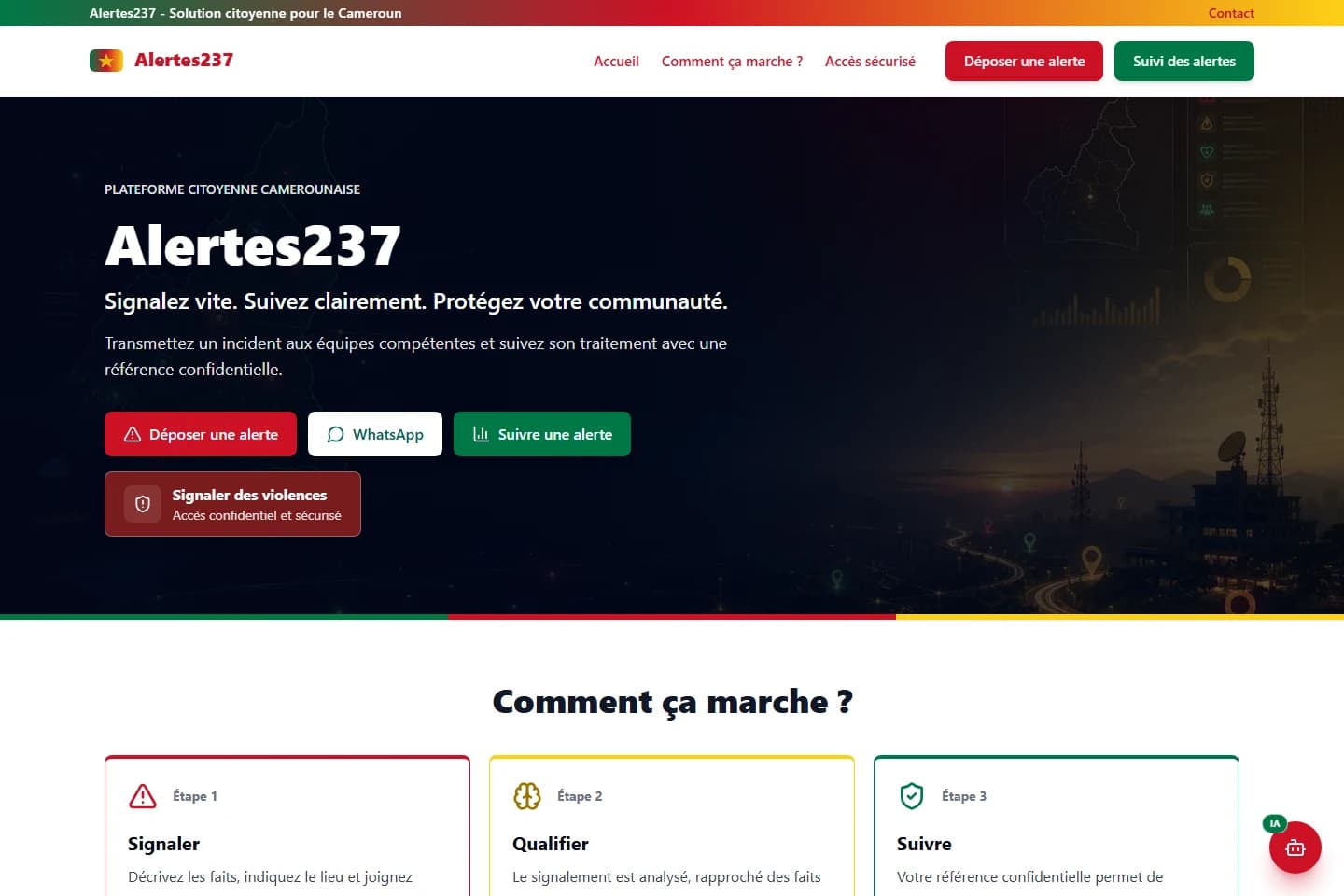 Capture réelle de la page publique de Alertes237